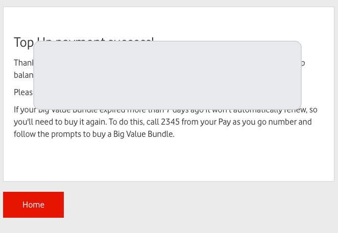 Vodafone 充值成功页面